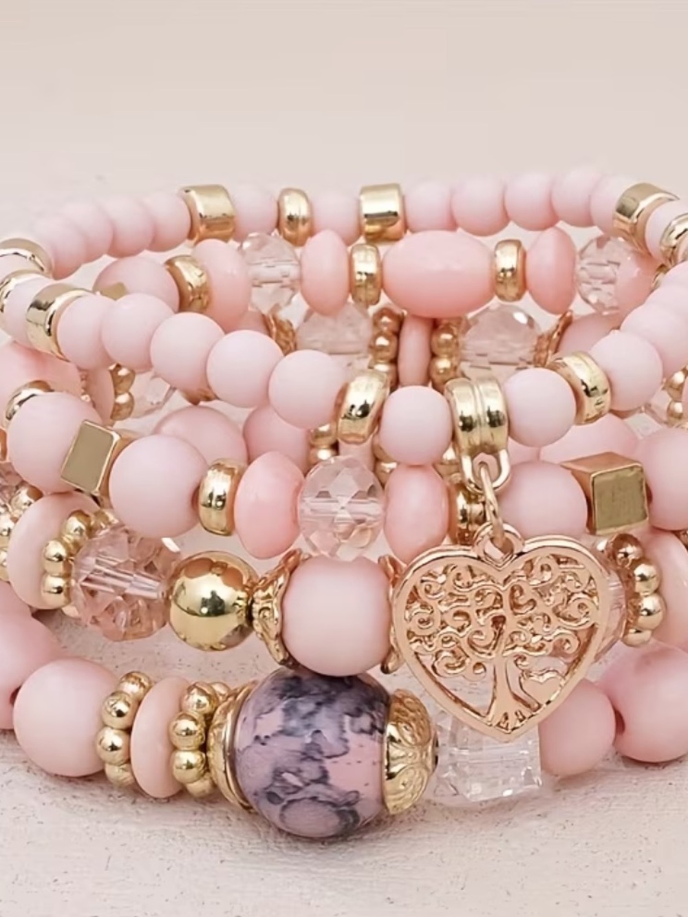 New Blush Pink Gold-Tone Heart & Tree Stackable Bracelet Set